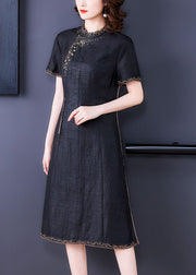 Fitted Black Stand Collar Zippered Embroideried Side Open Silk Dresses Short Sleeve