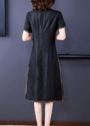 Fitted Black Stand Collar Zippered Embroideried Side Open Silk Dresses Short Sleeve