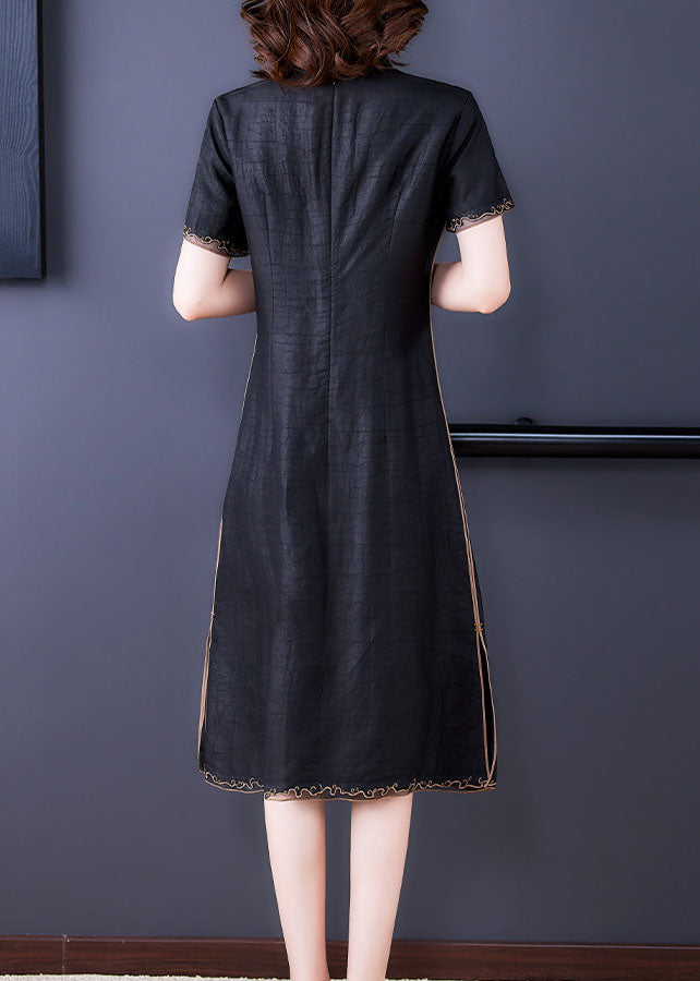 Fitted Black Stand Collar Zippered Embroideried Side Open Silk Dresses Short Sleeve