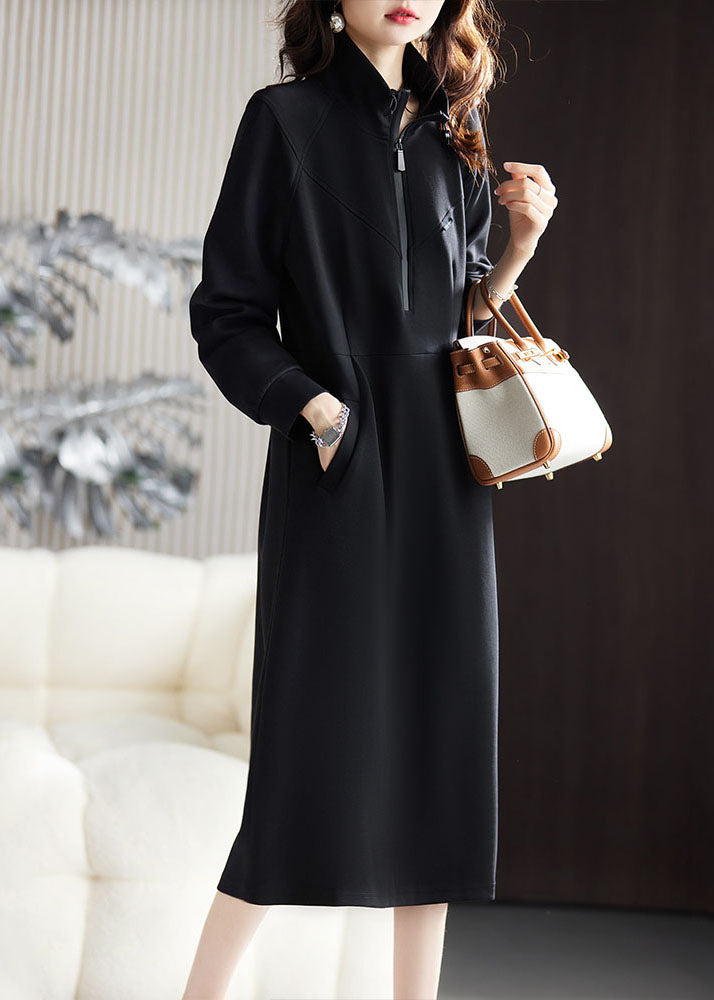 Fitted Black Stand Collar Zippered Patchwork Long Dress Fall