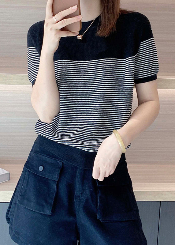 Fitted Black Striped O Neck Patchwork Cotton Knit Top Summer