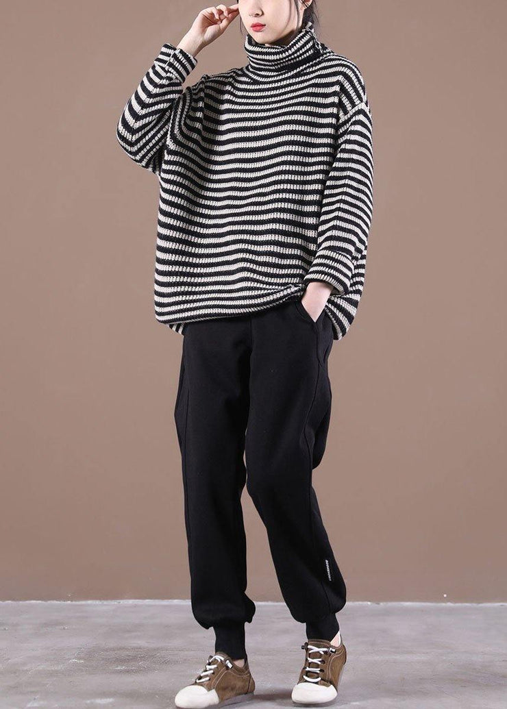 Fitted Black Striped Turtleneck Fall Knit Sweater - bagstylebliss