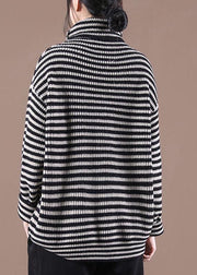 Fitted Black Striped Turtleneck Fall Knit Sweater - bagstylebliss