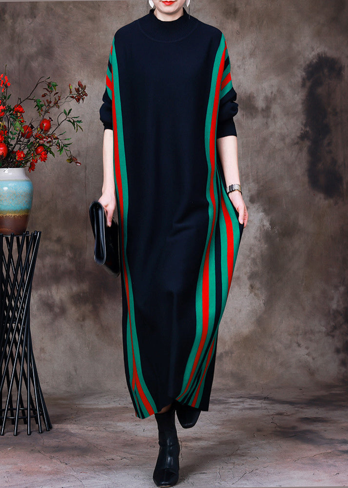 Fitted Black Turtleneck Striped Patchwork Knit Long Sweater Dress Long Sleeve