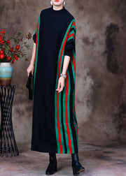 Fitted Black Turtleneck Striped Patchwork Knit Long Sweater Dress Long Sleeve