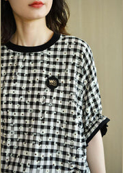 Fitted Black White Plaid O-Neck Print Summer Top Half Sleeve - bagstylebliss