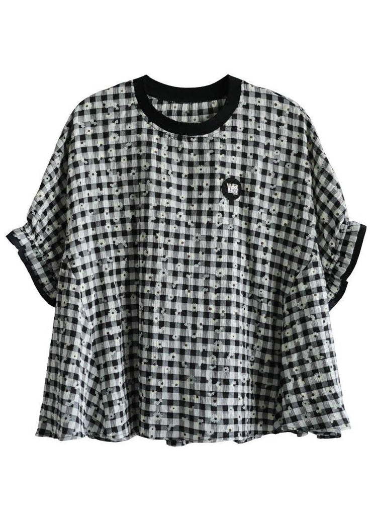Fitted Black White Plaid O-Neck Print Summer Top Half Sleeve - bagstylebliss