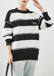 Fitted Black White Striped Letter Embroidered Knitted Tops Winter