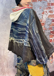 Taillierter, schwarzer Patchwork-Fall-Denim-Langarmmantel mit Kapuze