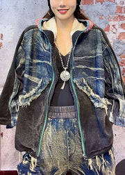 Taillierter, schwarzer Patchwork-Fall-Denim-Langarmmantel mit Kapuze