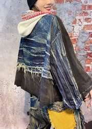 Taillierter, schwarzer Patchwork-Fall-Denim-Langarmmantel mit Kapuze