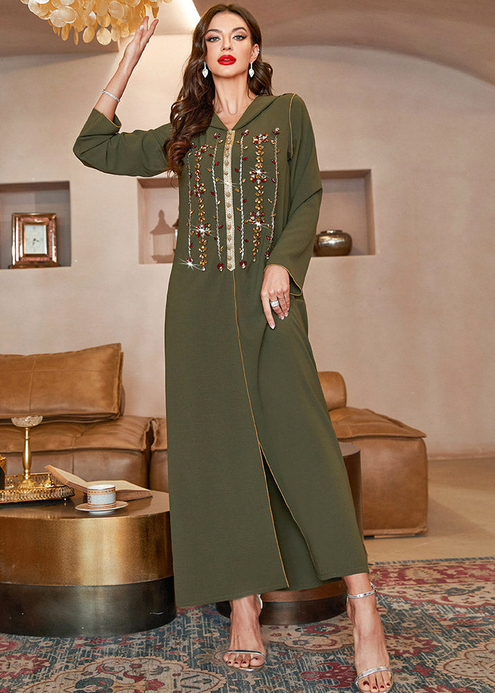 Fitted Blackish Green Sequins Patchwork Hooded Long Dresses Long Sleeve