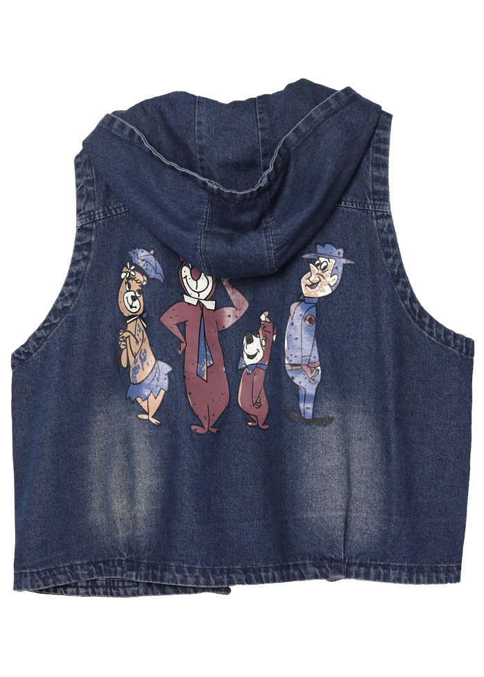 Fitted Blue Hooded Pockets Print Fall Tops Waistcoat