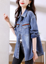 Fitted Blue Peter Pan Collar Button Patchwork Denim Coats Long Sleeve