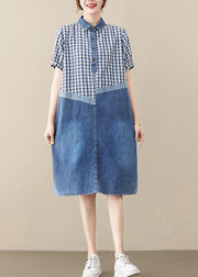 Fitted Blue Peter Pan Collar Patchwork Plaid Denim Long Dress Summer