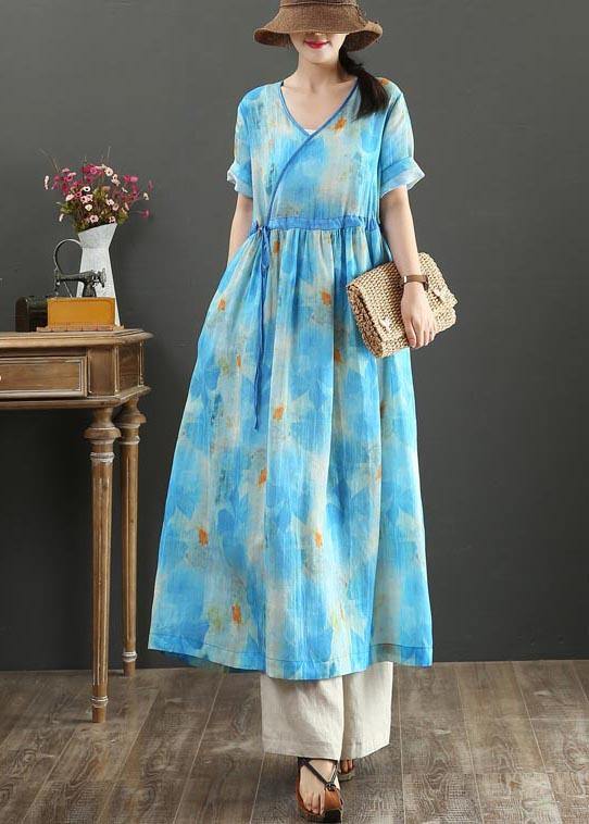 Fitted Blue Print Linen tie waist Summer Vacation Dresses - bagstylebliss