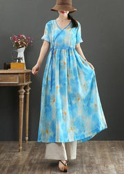 Fitted Blue Print Linen tie waist Summer Vacation Dresses - bagstylebliss