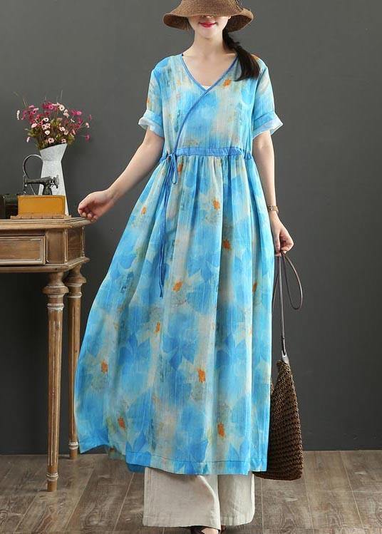 Fitted Blue Print Linen tie waist Summer Vacation Dresses - bagstylebliss