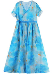 Fitted Blue Print Linen tie waist Summer Vacation Dresses - bagstylebliss