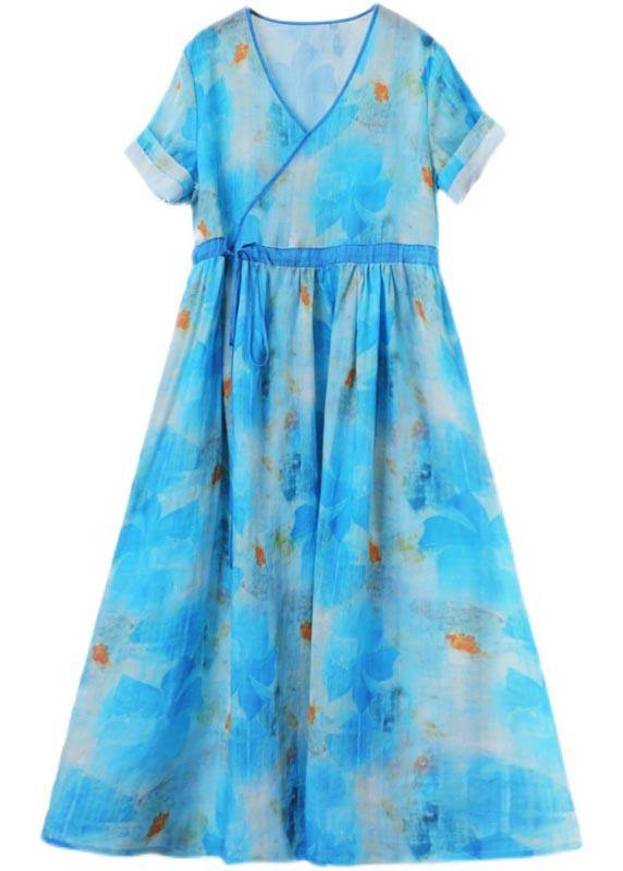 Fitted Blue Print Linen tie waist Summer Vacation Dresses - bagstylebliss