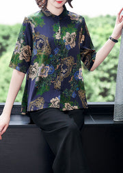 Fitted Blue Stand Collar Wrinkled Patchwork Print Silk Shirt Short Sleeve