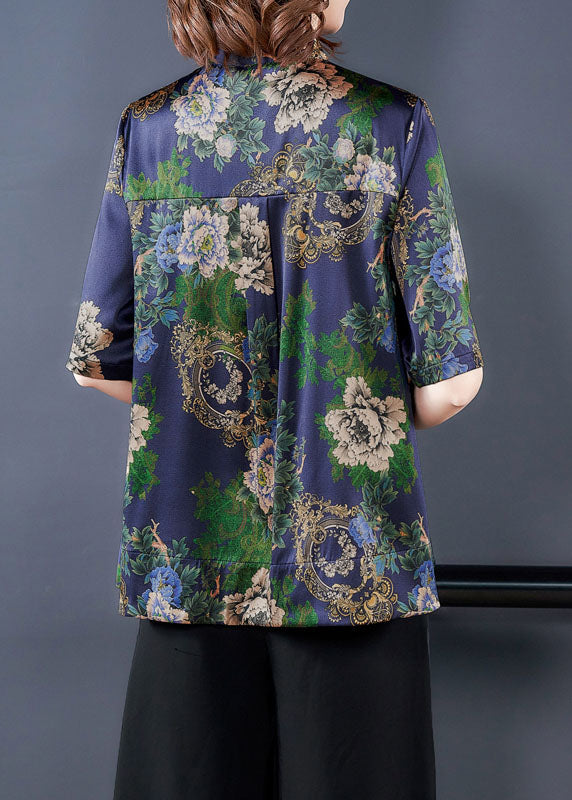 Fitted Blue Stand Collar Wrinkled Patchwork Print Silk Shirt Short Sleeve