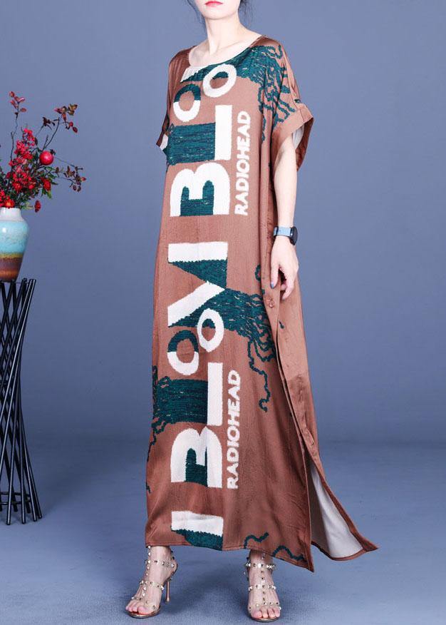 Fitted Chocolate Print Side open Silk Summer Maxi Dresses - bagstylebliss