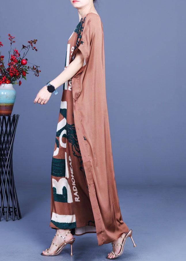 Fitted Chocolate Print Side open Silk Summer Maxi Dresses - bagstylebliss