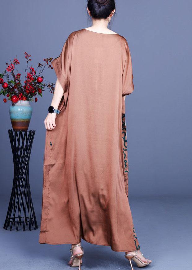 Fitted Chocolate Print Side open Silk Summer Maxi Dresses - bagstylebliss
