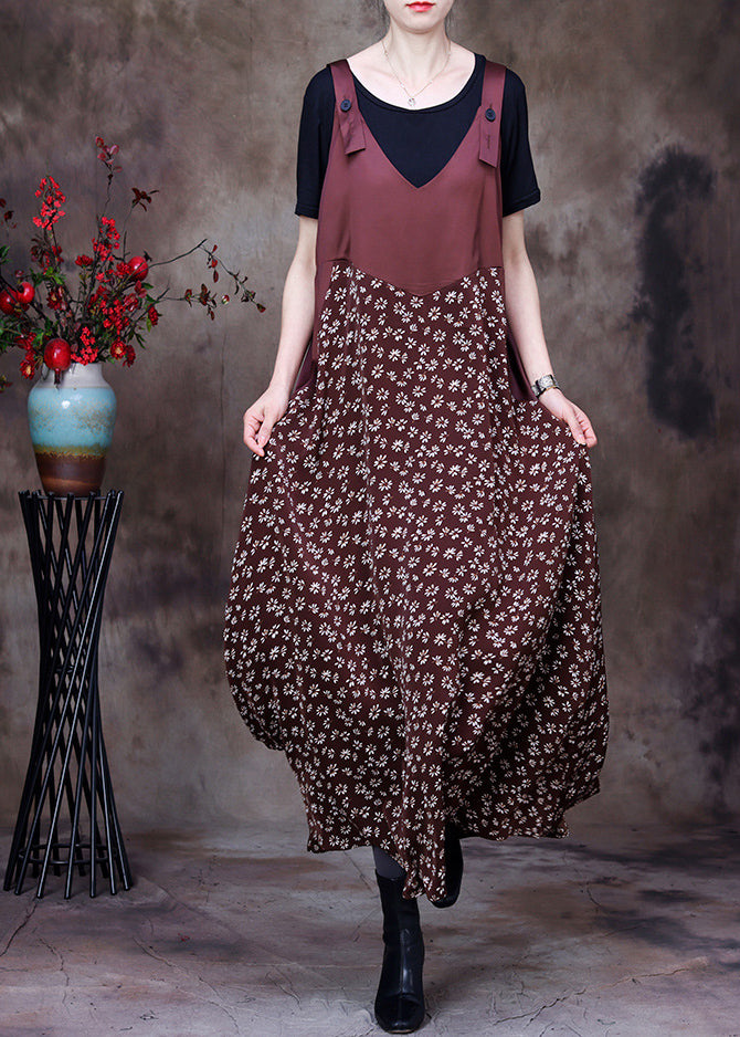 Tailliertes Chiffon-Trägerkleid mit Kaffee-Patchwork-Print und zweiteiliges Set aus Baumwoll-Tank, Outfits für den Sommer