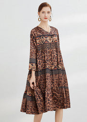 Fitted Chocolate V Neck Print Satin Dress Spring