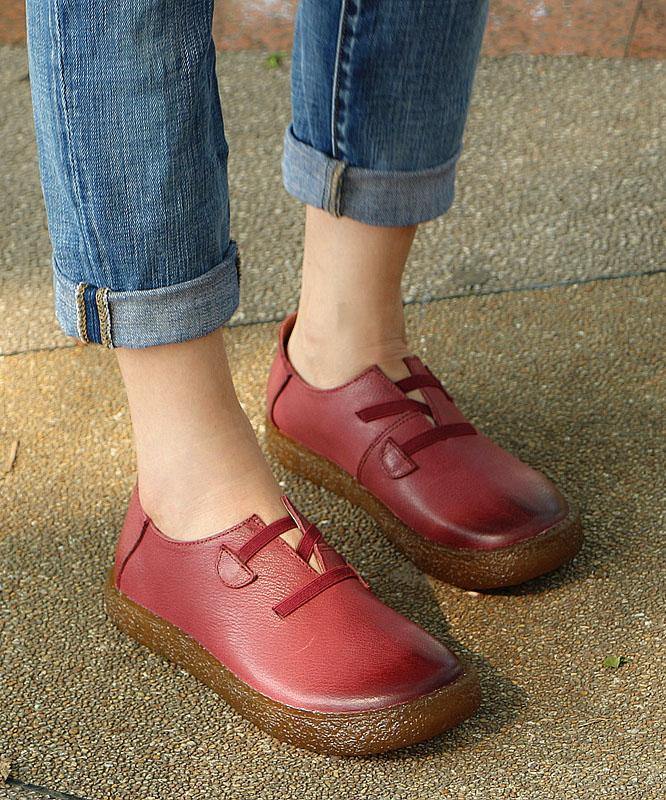 Fitted Cross Strap Flat Shoes For Women Red Genuine Leather - bagstylebliss