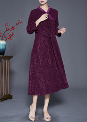 Fitted Dark Purple Jacquard Slim Fit Warm Fleece Long Dress Fall