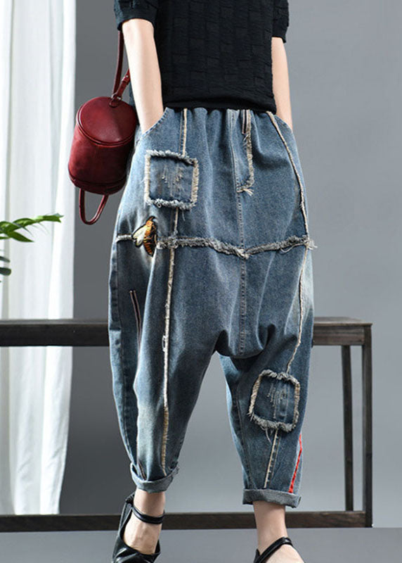 Fitted Denim blue Patchwork Print fashion Fall Pants