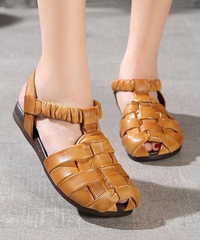 Fitted Flat Sandals Brown Cowhide Leather - bagstylebliss
