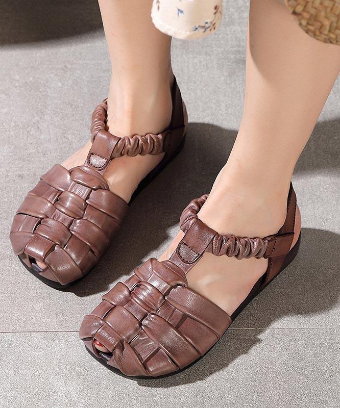 Fitted Flat Sandals Brown Cowhide Leather - bagstylebliss