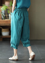 Fitted Green Elastic Waist Pockets Harem Pants Linen - bagstylebliss