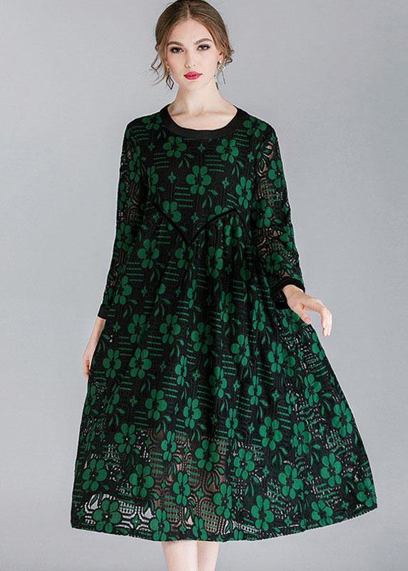 Fitted Green Hollow Out Jacquard Spring Long Sleeve Mid Dress - bagstylebliss