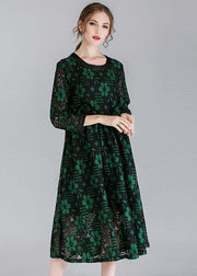 Fitted Green Hollow Out Jacquard Spring Long Sleeve Mid Dress - bagstylebliss