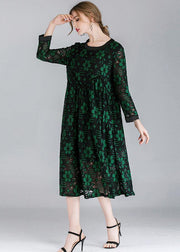 Fitted Green Hollow Out Jacquard Spring Long Sleeve Mid Dress - bagstylebliss