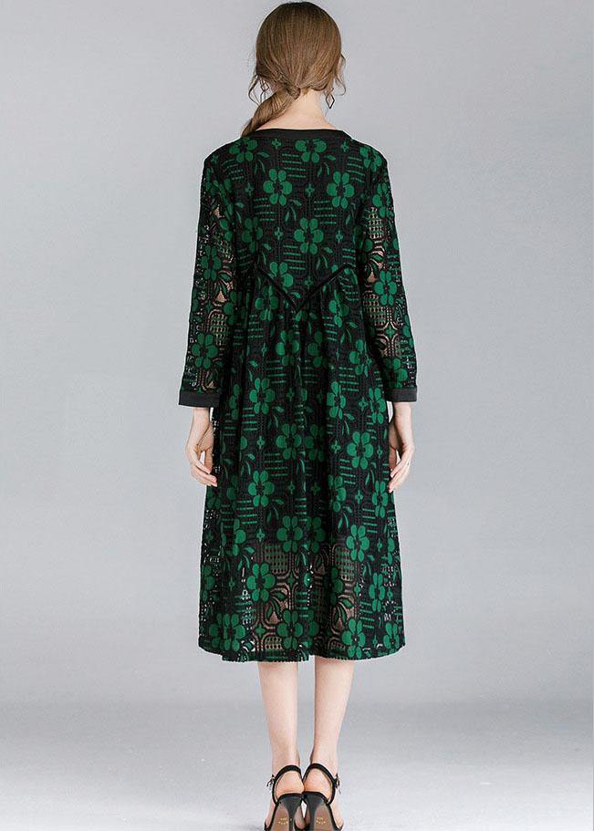 Fitted Green Hollow Out Jacquard Spring Long Sleeve Mid Dress - bagstylebliss