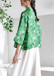 Fitted Green Oriental Print Button Summer Ramie Top - bagstylebliss