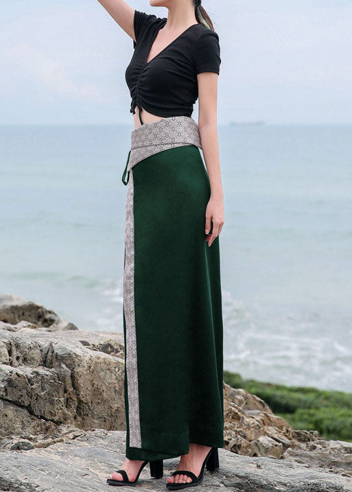 Fitted Green Patchwork Silk Skirts Spring