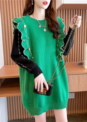 Fitted Green Ruffled Print Cashmere Long Knit Dress Winter