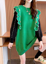 Fitted Green Ruffled Print Cashmere Long Knit Dress Winter