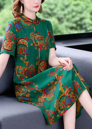 Fitted Green Stand Collar Print Silk Long Dresses Short Sleeve