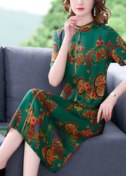 Fitted Green Stand Collar Print Silk Long Dresses Short Sleeve