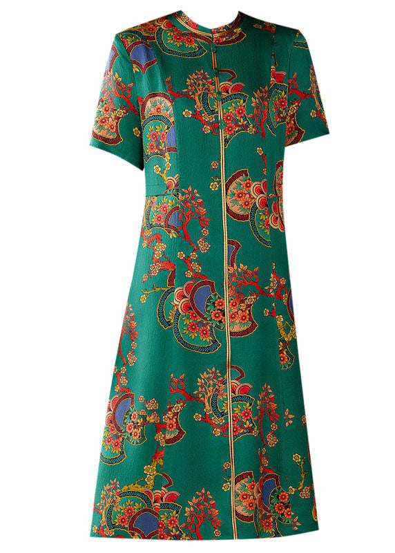 Fitted Green Stand Collar Print Silk Long Dresses Short Sleeve