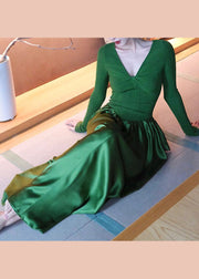 Fitted Green V Neck Wrinkled Knit Patchwork Silk Long Dresses Fall