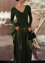 Fitted Green V Neck Wrinkled Knit Patchwork Silk Long Dresses Fall